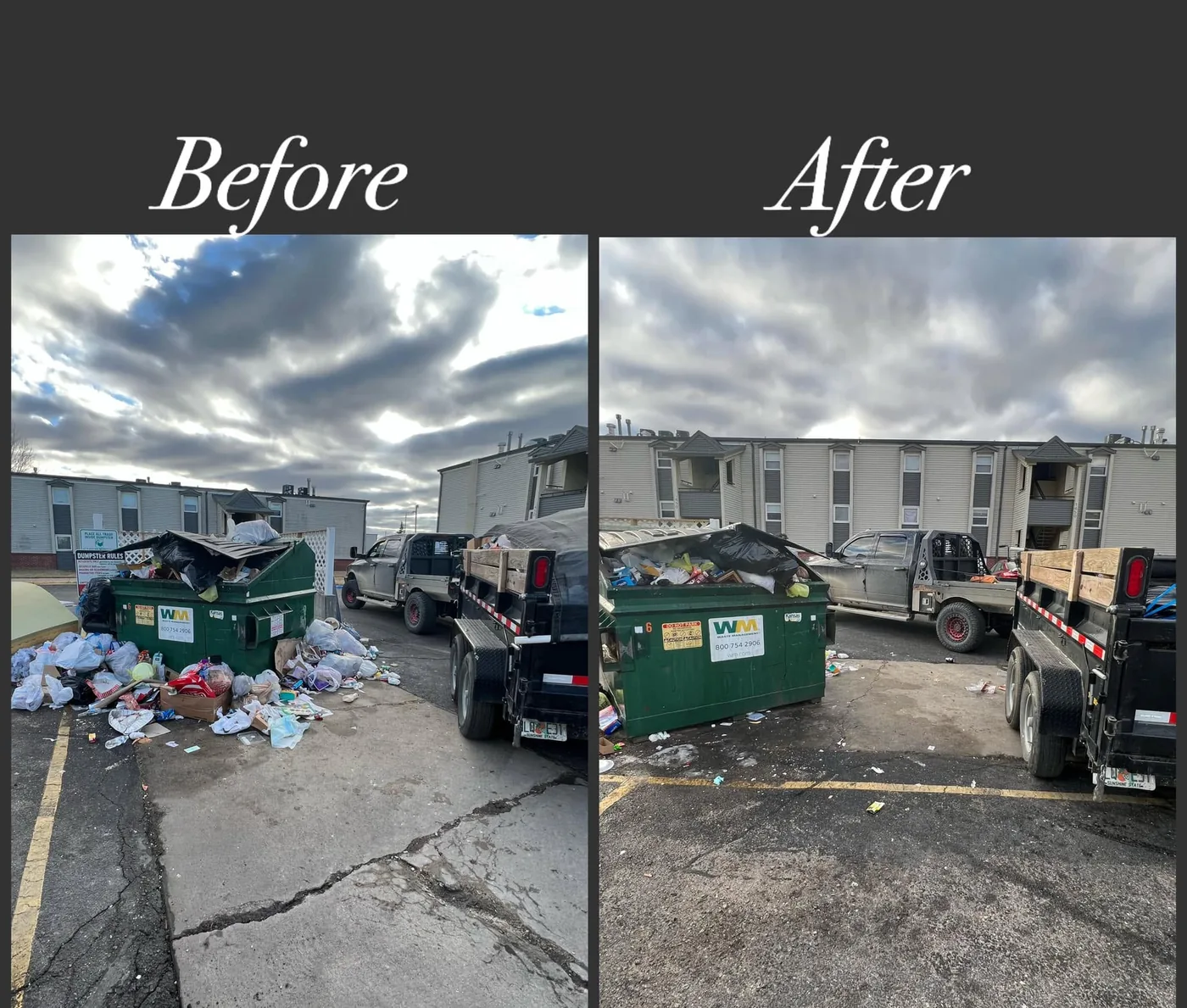 Before and after junk removal cleanup around a commercial dumpster