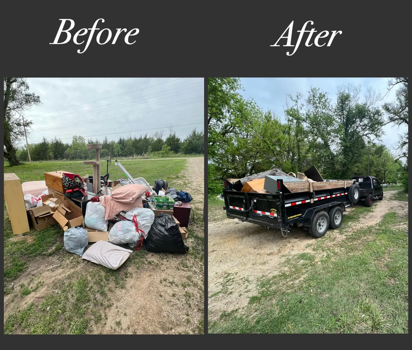 Before and after residential junk removal showing a pile removed and loaded into a dump trailer